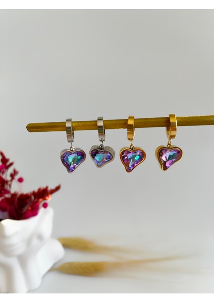 Mor Yansımalı Kalp Parlak Taş Gold Çelik Küpe modelleri