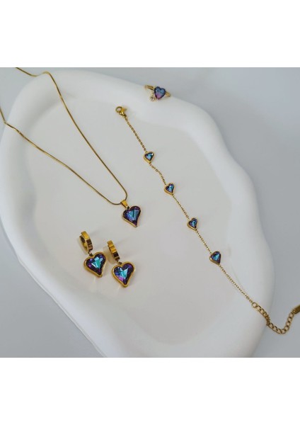 Mor Yansımalı Kalp Parlak Taş Gold Çelik Küpe fırsatları