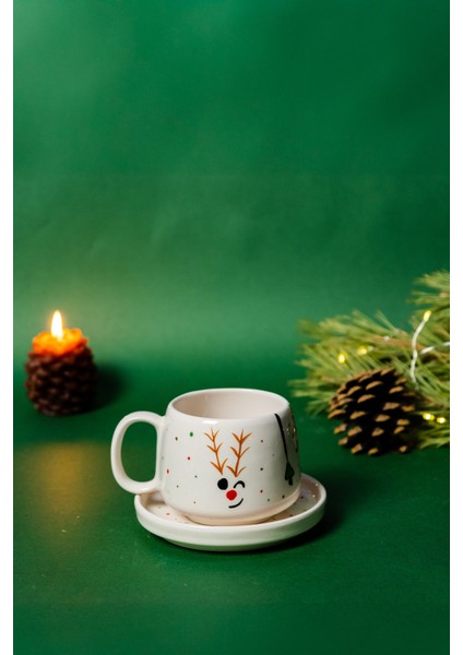 Yılbaşı Geyikli Kupası, Yeni Yıl, El Yapımı Seramik Kupa, Seramik Kupa, Mug, Nescafe Kupası