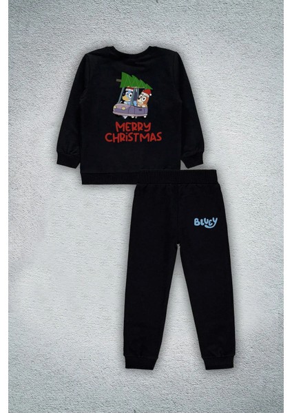 Bluey Noel Merry Christmas Baskılı Çocuk Bisiklet Yaka 3 Iplik Siyah Sweathsirt Eşofman Takımı