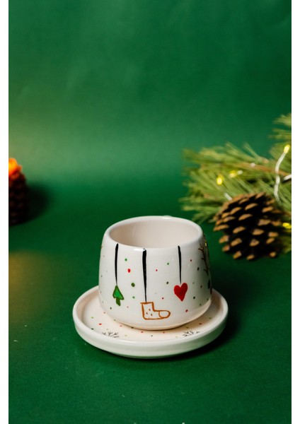 Yılbaşı Seramik Fincan ve Tabaklı Kupa Seti, Seramik Kupa,mug, Nescafe Kupası, Handmade