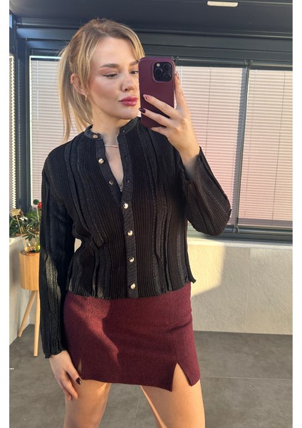 Simli Ince Dokuma Detaylı Siyah Triko Hırka