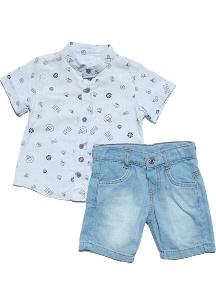 Erkek Çocuk Mavi Basketboll Desenli Gömlekli Kot Şortlu 2'li Takım