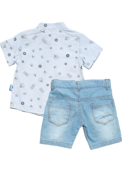 Erkek Çocuk Mavi Basketboll Desenli Gömlekli Kot Şortlu 2'li Takım fiyatları