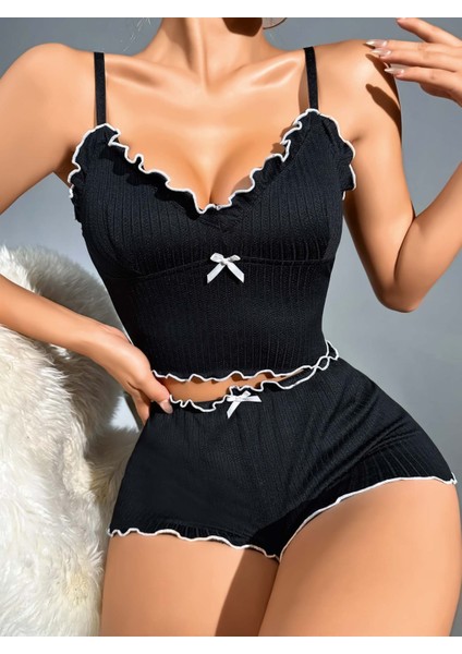 Kadın Siyah Mini Şortlu Pijama Takımı