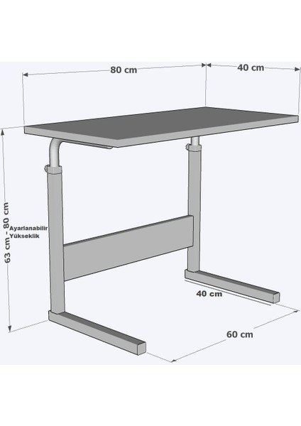 80 x 40 Yükseklik Ayarlı Çalışma Masası Dikiş Masası Hasta Yemek Masası Laptop Sehpası