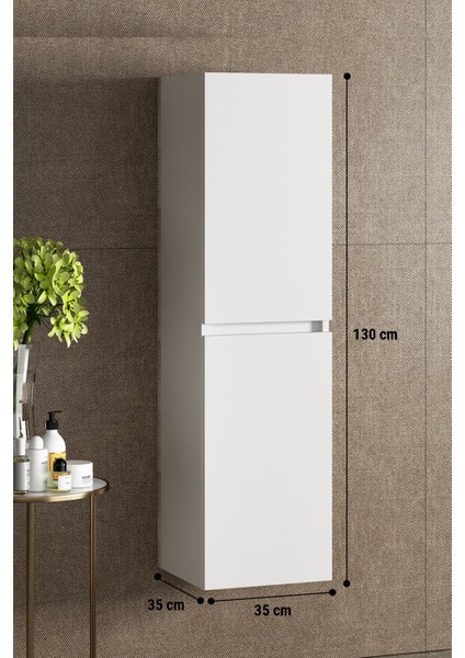 Banyo Boy Dolabı Çamaşır Sepetli 130 cm Parlak Beyaz