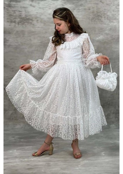 Kız Çocuk Kolları ve Yakası Şeffaf Tül ve Fırfır Detaylı Beyaz Elbise