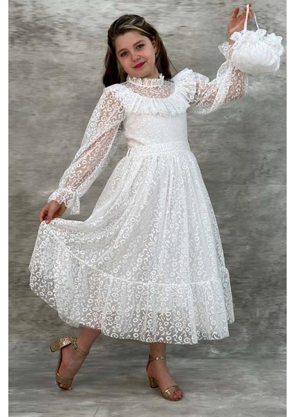 Kız Çocuk Kolları ve Yakası Şeffaf Tül ve Fırfır Detaylı Beyaz Elbise fiyatları