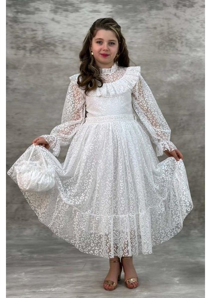 Kız Çocuk Kolları ve Yakası Şeffaf Tül ve Fırfır Detaylı Beyaz Elbise modelleri
