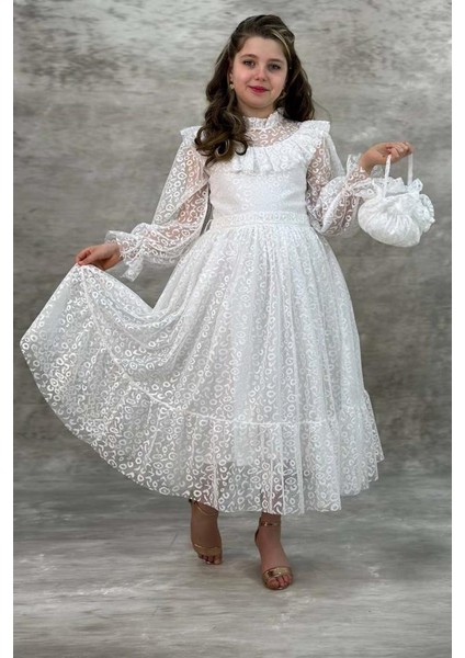 Kız Çocuk Kolları ve Yakası Şeffaf Tül ve Fırfır Detaylı Beyaz Elbise fırsatları