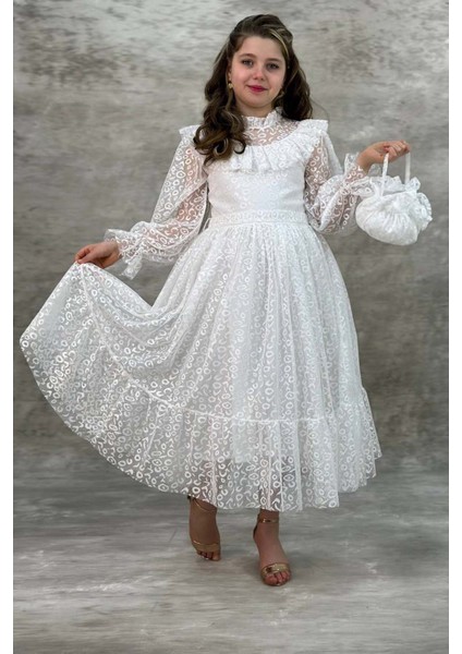 Kız Çocuk Kolları ve Yakası Şeffaf Tül ve Fırfır Detaylı Beyaz Elbise indirimleri