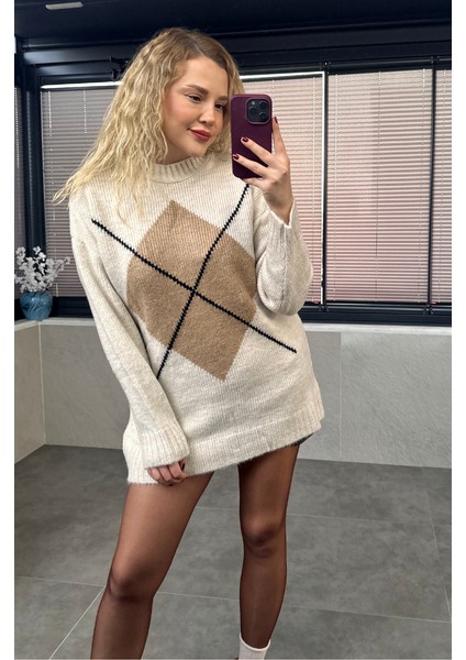 Taş Rengi Baklava Desenli Kazak