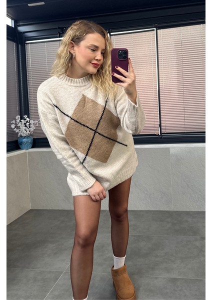 Taş Rengi Baklava Desenli Kazak modelleri