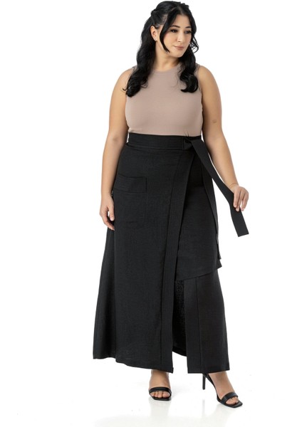 Büyük Beden Önden Yırtmaçlı Süs Bağlama Detaylı Torba Cepli Siyah Midi Etek