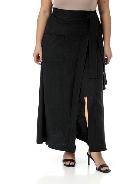 Büyük Beden Önden Yırtmaçlı Süs Bağlama Detaylı Torba Cepli Siyah Midi Etek fiyatları
