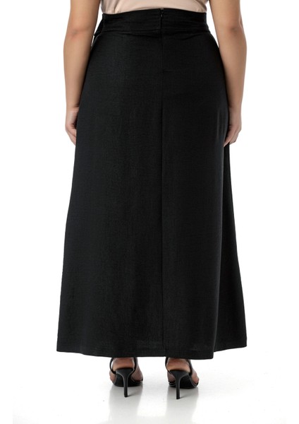 Büyük Beden Önden Yırtmaçlı Süs Bağlama Detaylı Torba Cepli Siyah Midi Etek modelleri