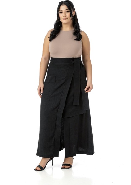 Büyük Beden Önden Yırtmaçlı Süs Bağlama Detaylı Torba Cepli Siyah Midi Etek fırsatları