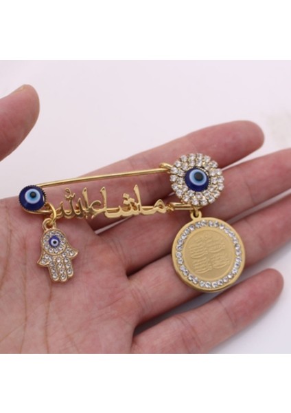Altın Tarzı Islam Mashallah Dört Kutsal Sureli Hamsa Hand Of Fatima Nazar Boncuklu Çelik Broş Bebek Iğnesi (Yurt Dışından)