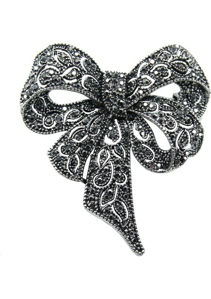 Gümüş Tarzı Kadınlar Için Siyah Renkli Taşlı Kurdele Broş Büyük Kurdele Vintage Moda Takı Kış Aksesuarları (Yurt Dışından)