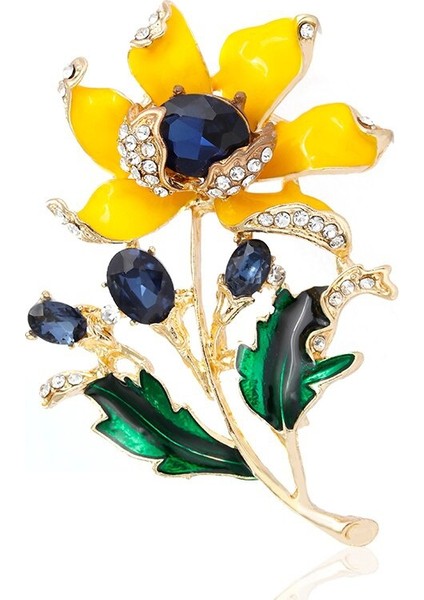 Sarı Stil Kadınlar Için Sarı Emaye Çiçek Broşlar Moda Güzel Büyük Kristal Taşlı Bitki Broş Bayan Takı Hediye (Yurt Dışından)