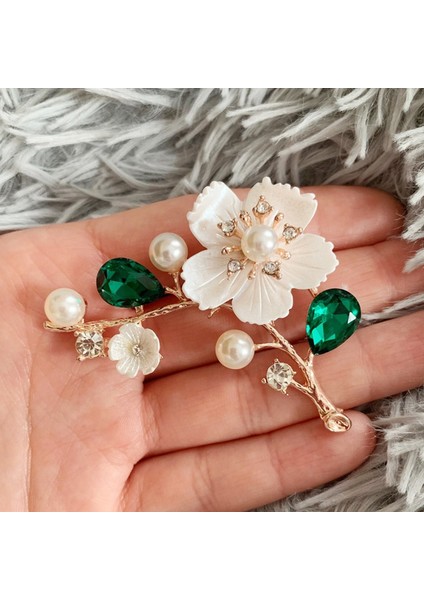 Gümüş Tarzı Kadınlar Için Yüksek Kabuk Inci Çiçek Broşlar Zarif Moda Kırmızı Kristal Broş Düğün Takı (Yurt Dışından)