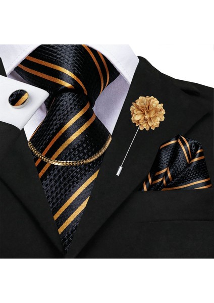 Altın Tarzı Erkek Altın Siyah Çizgili Kravat Ipek Mendil Kol Düğmesi Kravat Zinciri Broş Düğün Iş Için (Yurt Dışından)