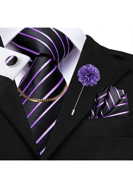 Altın Tarzı Erkek Altın Siyah Çizgili Kravat Ipek Mendil Kol Düğmesi Kravat Zinciri Broş Düğün Iş Için (Yurt Dışından) fiyatları
