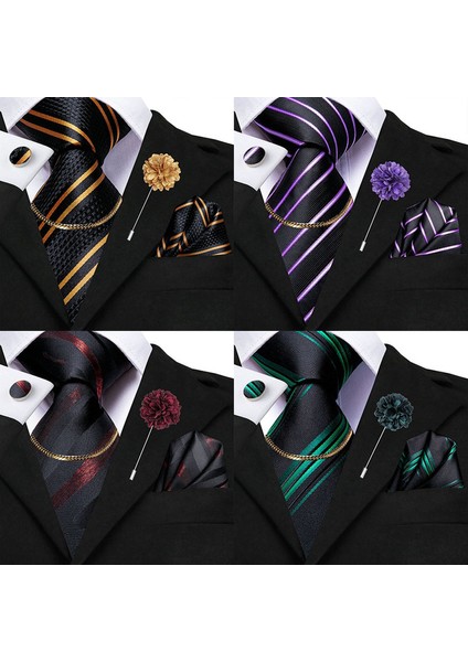 Altın Tarzı Erkek Altın Siyah Çizgili Kravat Ipek Mendil Kol Düğmesi Kravat Zinciri Broş Düğün Iş Için (Yurt Dışından) modelleri