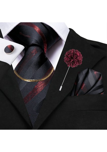 Altın Tarzı Erkek Altın Siyah Çizgili Kravat Ipek Mendil Kol Düğmesi Kravat Zinciri Broş Düğün Iş Için (Yurt Dışından) fırsatları