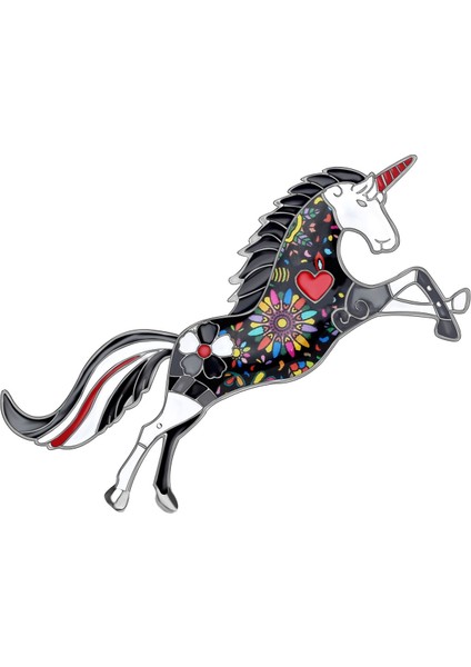 Siyah Stil Kadınlar Için Porselen Alaşım Çiçekli Koşan Unicorn Broş Hayvan Pin Takı Hediye (Yurt Dışından)
