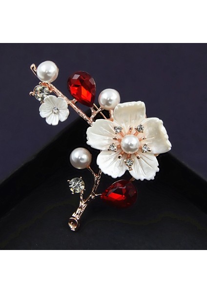 Kırmızı Stil Kadınlar Için Yüksek Kabuk Inci Çiçek Broşlar Zarif Moda Kırmızı Kristal Broş Düğün Takı (Yurt Dışından)