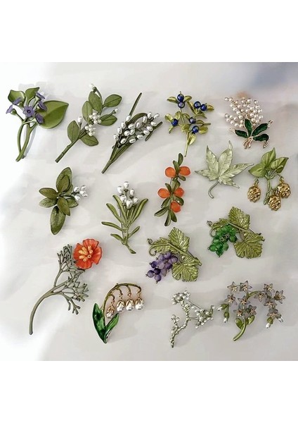 B4 Kadınlar Için Vintage Enamel Yeşil Renkli Bitki Inci Ağacı Lotus Yaprağı Yabanmersini Kiraz Çiçeği Bambu Broş Hediye Takı (Yurt Dışından)