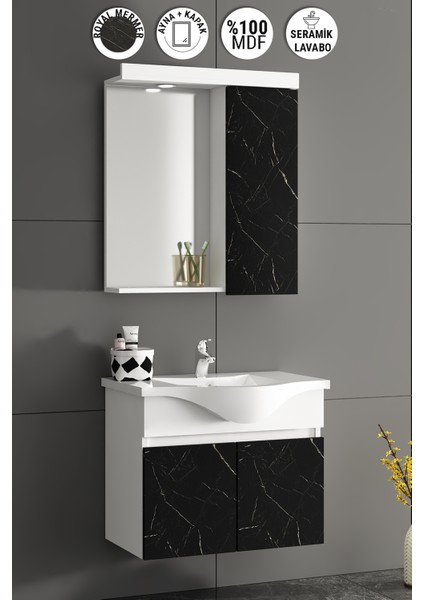Aynalı Banyo Dolabı Takımı 55 cm Royal Mermer Desenli Kapak Komple Mdf ve Seramik Lavabo
