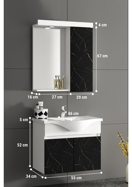 Aynalı Banyo Dolabı Takımı 55 cm Royal Mermer Desenli Kapak Komple Mdf ve Seramik Lavabo fırsatları