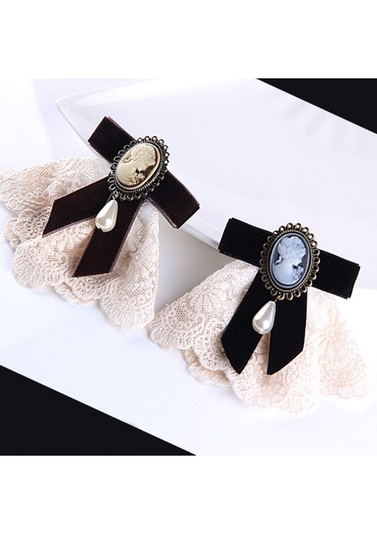 Kahve Stili Kadın Şık Dantel Kurdele Yay Kraliçe Cameo Inci Vintage Broş - Doğum Günü, Yılbaşı, Bayan Hediyesi (Yurt Dışından)