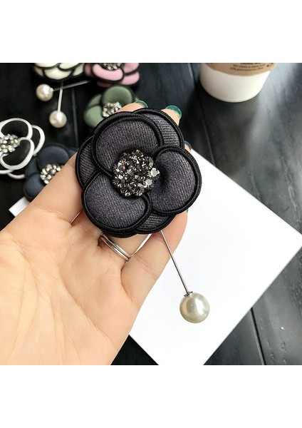 Lacivert Tarzı Kadın Takı Aksesuarları Için Inci Vintage Kumaş Çiçek Kamelya Kristal Taş Broş Yaka Iğnesi - Kore Broş (Yurt Dışından)