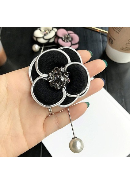 Lacivert Tarzı Kadın Takı Aksesuarları Için Inci Vintage Kumaş Çiçek Kamelya Kristal Taş Broş Yaka Iğnesi - Kore Broş (Yurt Dışından)