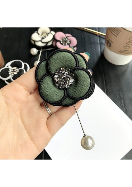 Lacivert Tarzı Kadın Takı Aksesuarları Için Inci Vintage Kumaş Çiçek Kamelya Kristal Taş Broş Yaka Iğnesi - Kore Broş (Yurt Dışından)