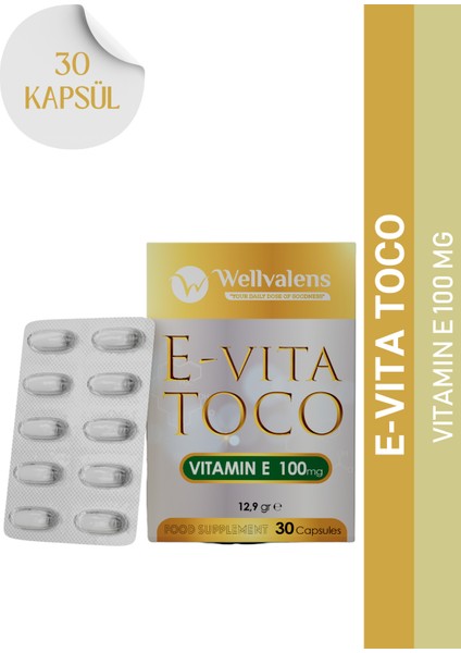 E-Vita Toco E Vitamini 100mg - 30 Kapsül, Antioksidan Desteği ve Cilt Bakımı
