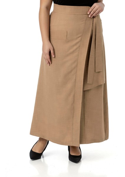 Büyük Beden Önden Yırtmaçlı Süs Bağlama Detaylı Torba Cepli Vizon Midi Etek fiyatları