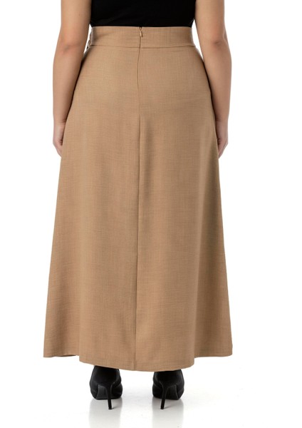 Büyük Beden Önden Yırtmaçlı Süs Bağlama Detaylı Torba Cepli Vizon Midi Etek modelleri