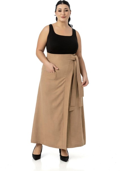 Büyük Beden Önden Yırtmaçlı Süs Bağlama Detaylı Torba Cepli Vizon Midi Etek fırsatları