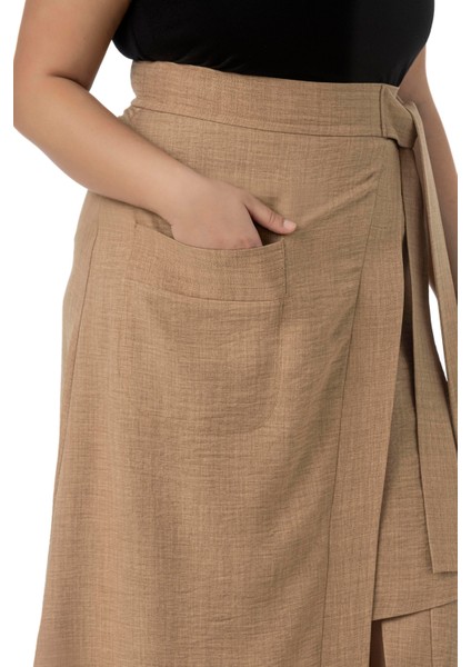 Büyük Beden Önden Yırtmaçlı Süs Bağlama Detaylı Torba Cepli Vizon Midi Etek indirimleri