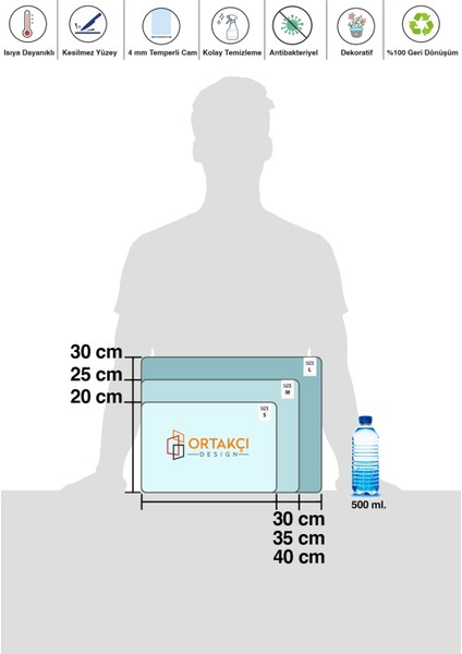 Siyah Mermer Desenli Temperli Cam Kesme Tahtası - Cam Kesme Tablası 30*40 Cm