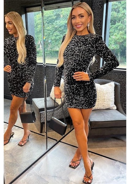 Kadın Siyah Mini Boy Payet Kadife Elbise DPNBEMP2629