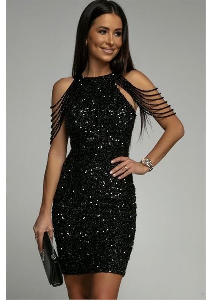 Dipmoda kadın siyah taş detaylı abiye elbise DPEMP2119