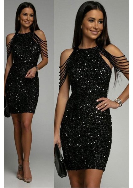 Dipmoda kadın siyah taş detaylı abiye elbise DPEMP2119 modelleri