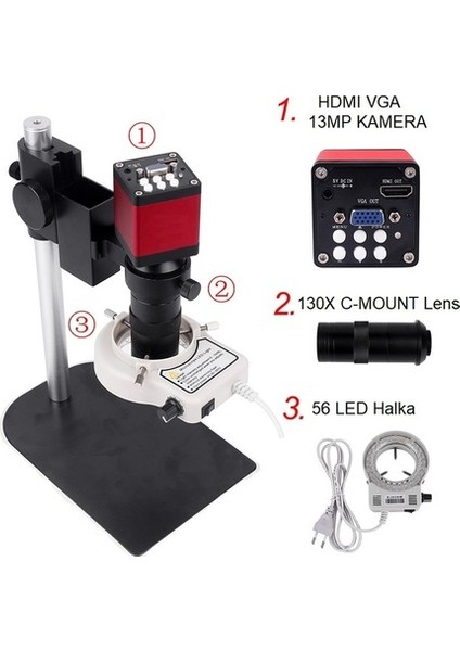Endüstriyel Mikroskop Kamera HDMI USB 130XC Montaj Lensi LED Işık 13MP Hd 60F/S Tamir Mikroskop Seti
