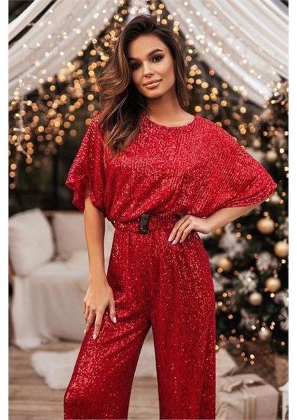 Kadın Kırmızı Kemerli Tasarım Tulum DPNBEMP2350